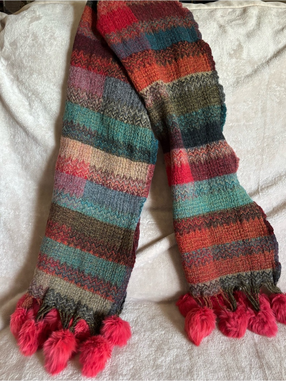 Multicolor Striped Knit Short Scarf with Red Pom-Pom Trim